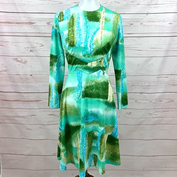 Rare Vintage Mid Century Impressionist Feather Forest Tree Long Sleeve Dress - Picture 4 of 10